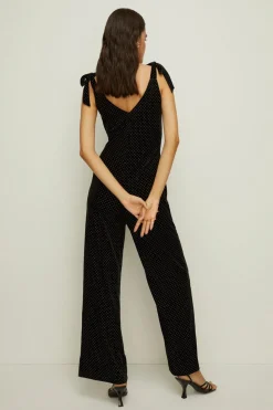 New Oasis Stud Velvet Hotfix Tie Shoulder V Neck Jumpsuit Black