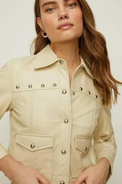 Sale Oasis Studded Leather Jacket Ivory