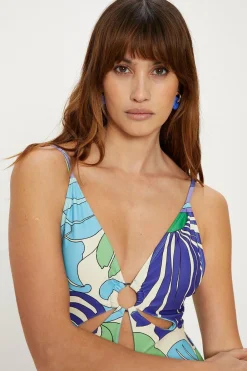 Outlet Oasis Swirl Print Cut Out Strappy Swimsuit Blue