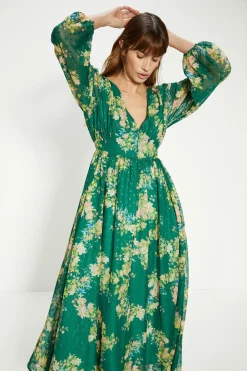 Fashion Oasis Swirly Floral Metallic Button Maxi Dress Green