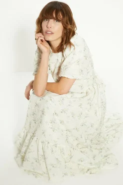 Outlet Oasis Textured Floral Bow Back Midi Dress Ivory