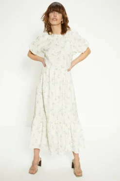 Outlet Oasis Textured Floral Bow Back Midi Dress Ivory