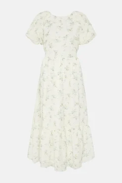 Outlet Oasis Textured Floral Bow Back Midi Dress Ivory