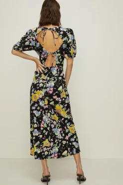 New Oasis Textured Floral Printed Tie Back Midi Dress Green