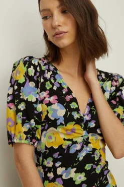 New Oasis Textured Floral Tie Back Mini Dress Black