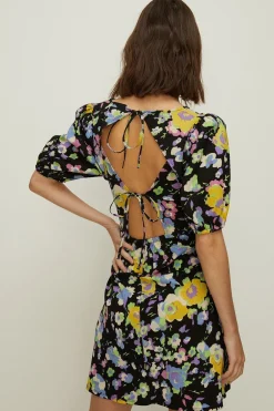 New Oasis Textured Floral Tie Back Mini Dress Black