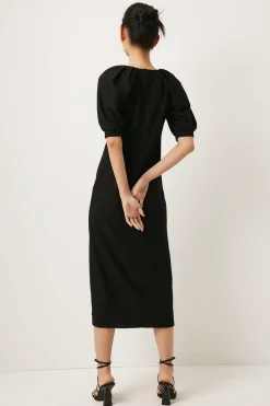 Hot Oasis Textured Puff Sleeve Midi Dress Black
