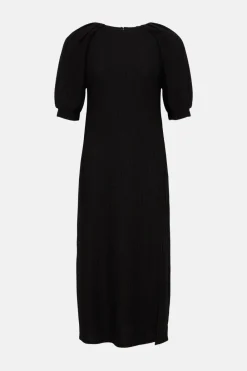 Hot Oasis Textured Puff Sleeve Midi Dress Black