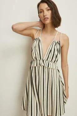 Hot Oasis Textured Stripe V Neck Strappy Mini Dress Ecru