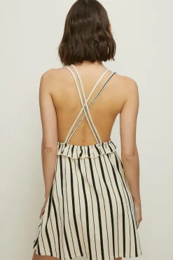 Hot Oasis Textured Stripe V Neck Strappy Mini Dress Ecru