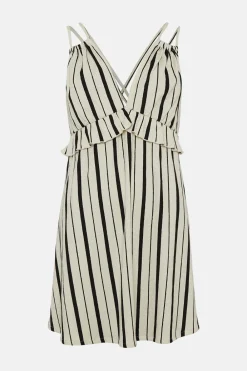 Hot Oasis Textured Stripe V Neck Strappy Mini Dress Ecru