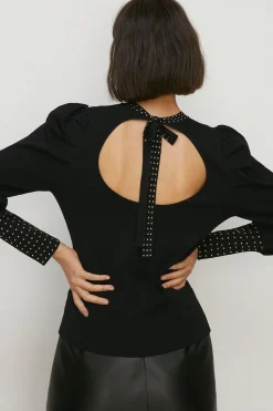 Clearance Oasis Tie Back Hot Fix Knitted Top Black