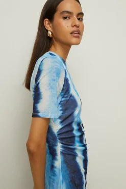 New Oasis Tie Dye Mesh Ruched Side Midi Dress Blue