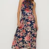 Discount Oasis Tie Halterneck Floral Devore Midi Dress Navy