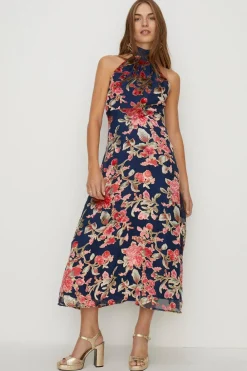Discount Oasis Tie Halterneck Floral Devore Midi Dress Navy