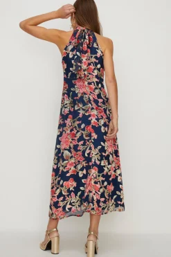 Discount Oasis Tie Halterneck Floral Devore Midi Dress Navy