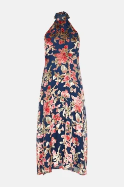 Discount Oasis Tie Halterneck Floral Devore Midi Dress Navy