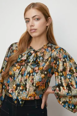 Best Oasis Tie Neck Metallic Printed Blouse Black