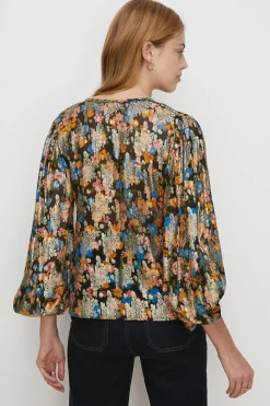 Best Oasis Tie Neck Metallic Printed Blouse Black