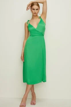 New Oasis Tie Strap Wrap Midi Dress Bright Green