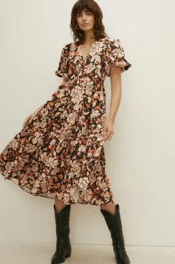 Online Oasis Tiered Cord Paisley Animal Midi Dress Black