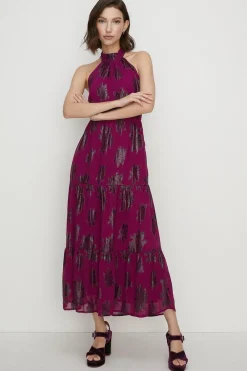 Best Oasis Tiered Halter Neck Metallic Dress Berry