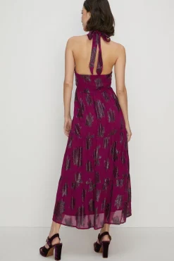 Best Oasis Tiered Halter Neck Metallic Dress Berry