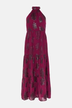 Best Oasis Tiered Halter Neck Metallic Dress Berry
