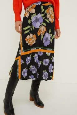 Sale Oasis Tiled Floral Split Front Midi Skirt Black