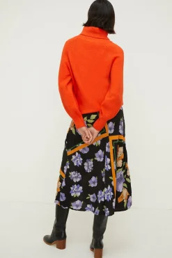 Sale Oasis Tiled Floral Split Front Midi Skirt Black