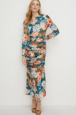 New Oasis Tissue Crepe Floral Draped Split Midi Dress Multi