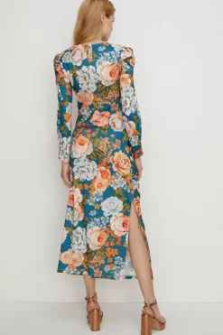 New Oasis Tissue Crepe Floral Draped Split Midi Dress Multi
