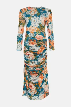New Oasis Tissue Crepe Floral Draped Split Midi Dress Multi