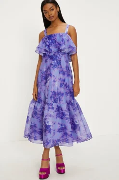 Outlet Oasis Tonal Blurred Floral Ruffle Organza Midi Dress Lilac