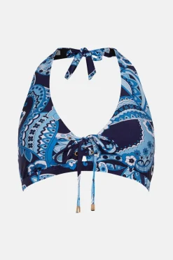 Fashion Oasis Tonal Retro Floral Lattice Bikini Top Blue