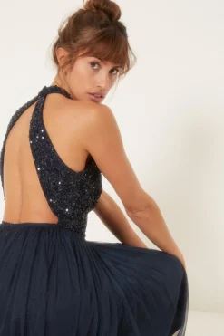 Clearance Oasis Tonal Sequin Halterneck Midi Dress Navy