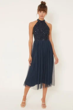 Clearance Oasis Tonal Sequin Halterneck Midi Dress Navy