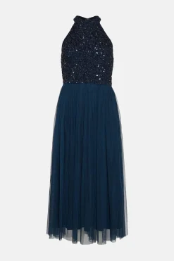 Clearance Oasis Tonal Sequin Halterneck Midi Dress Navy