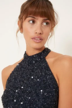 Clearance Oasis Tonal Sequin Halterneck Midi Dress Navy