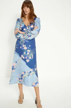 Fashion Oasis Trailing Floral Satin Back Detail Midi Dress Blue