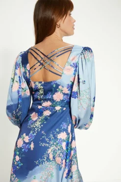 Fashion Oasis Trailing Floral Satin Back Detail Midi Dress Blue