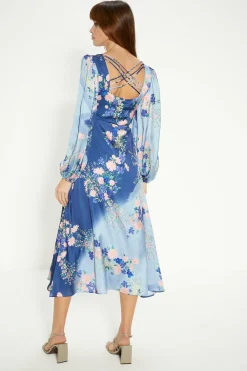 Fashion Oasis Trailing Floral Satin Back Detail Midi Dress Blue