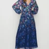 Hot Oasis Trailing Floral Satin Burnout V Neck Midi Dress Navy