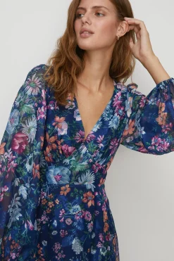 Hot Oasis Trailing Floral Satin Burnout V Neck Midi Dress Navy