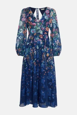 Hot Oasis Trailing Floral Satin Burnout V Neck Midi Dress Navy