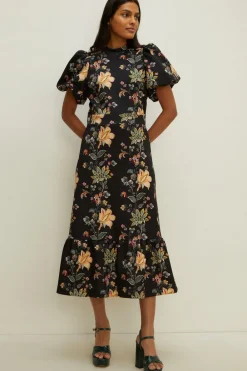Hot Oasis Trailing Floral Tiered Scuba Midi Dress Multi