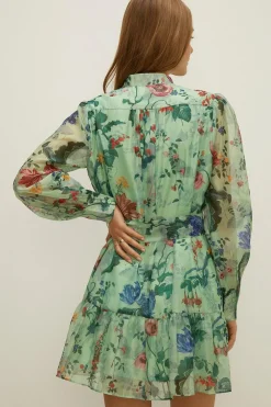 New Oasis Trailing Flower Organza Mini Shirt Dress Sage