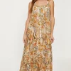 Outlet Oasis Tropical Animal Metallic Double Strap Midi Dress Neutral
