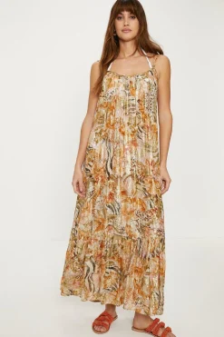 Outlet Oasis Tropical Animal Metallic Double Strap Midi Dress Neutral