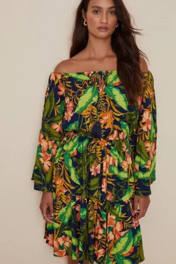 Clearance Oasis Tropical Floral Bardot Dress Green